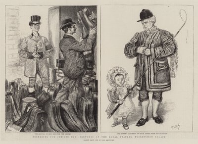 Forberedelse til jubilæumsdagen, skitser ved de kongelige stalde, Buckingham Palace af Charles Paul Renouard